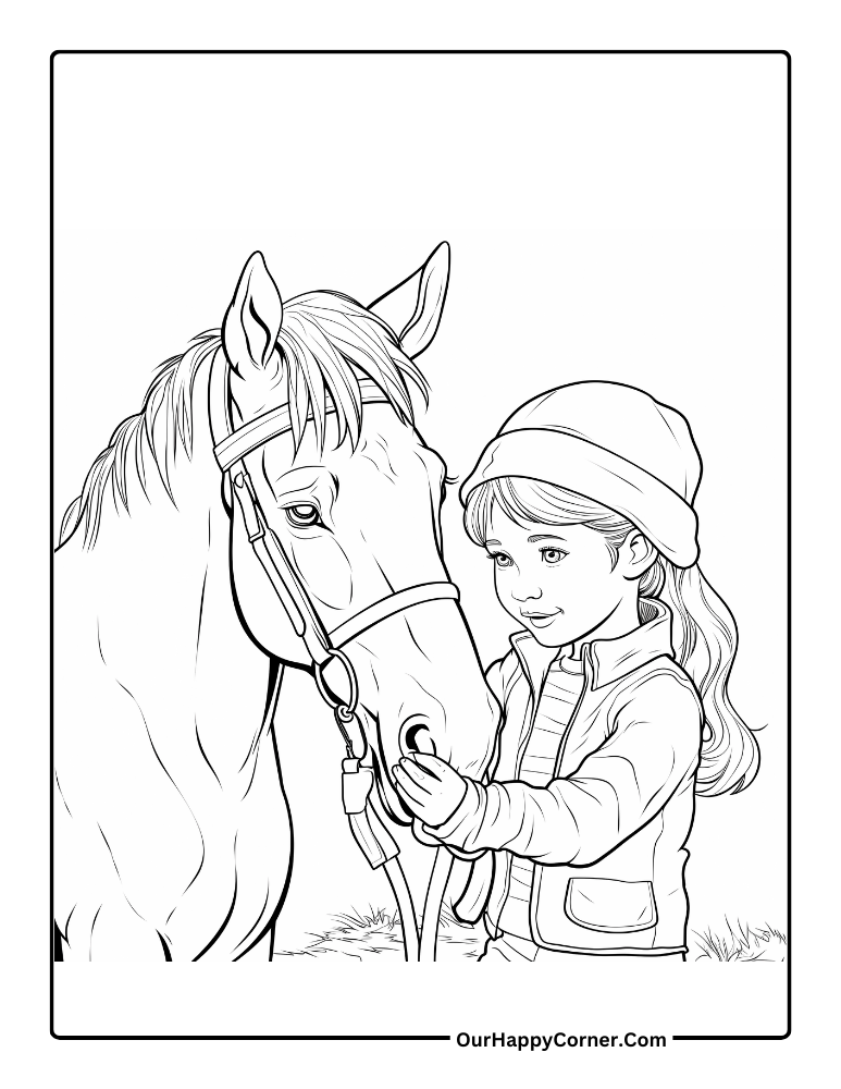 A Girl Touching Her Horses Face coloring page