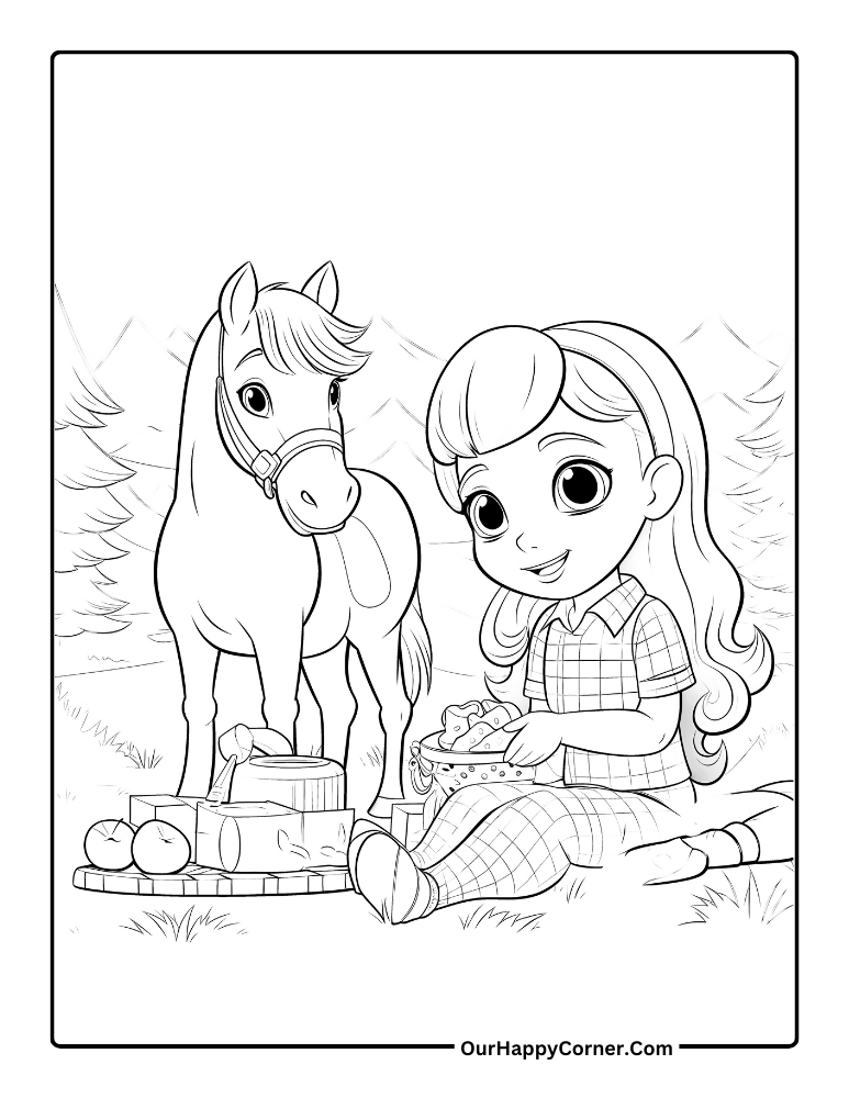 A girl and her horse enjoying a picnic