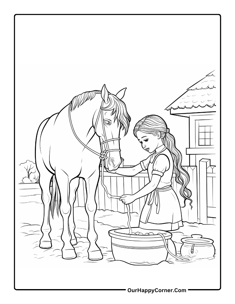 A girl washing her horse