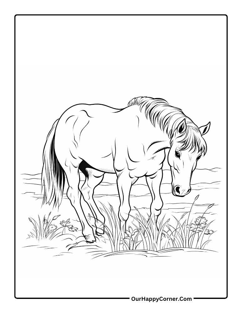 Coloring page of a horse eating grass