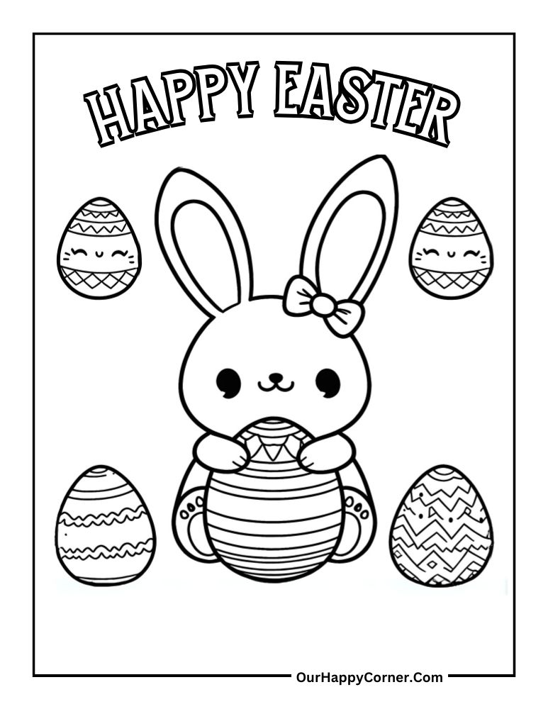 Bunny Holding Striped Easter Egg