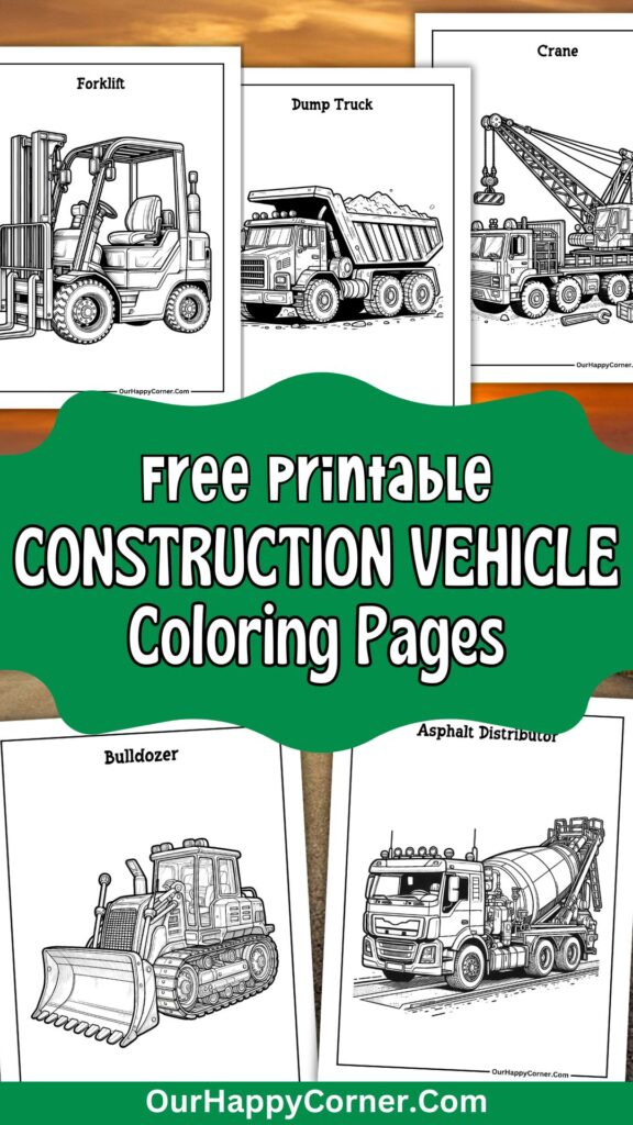Coloring pages of forklift, dump truck, crane, bulldozer, and more construction vehicles on the page.