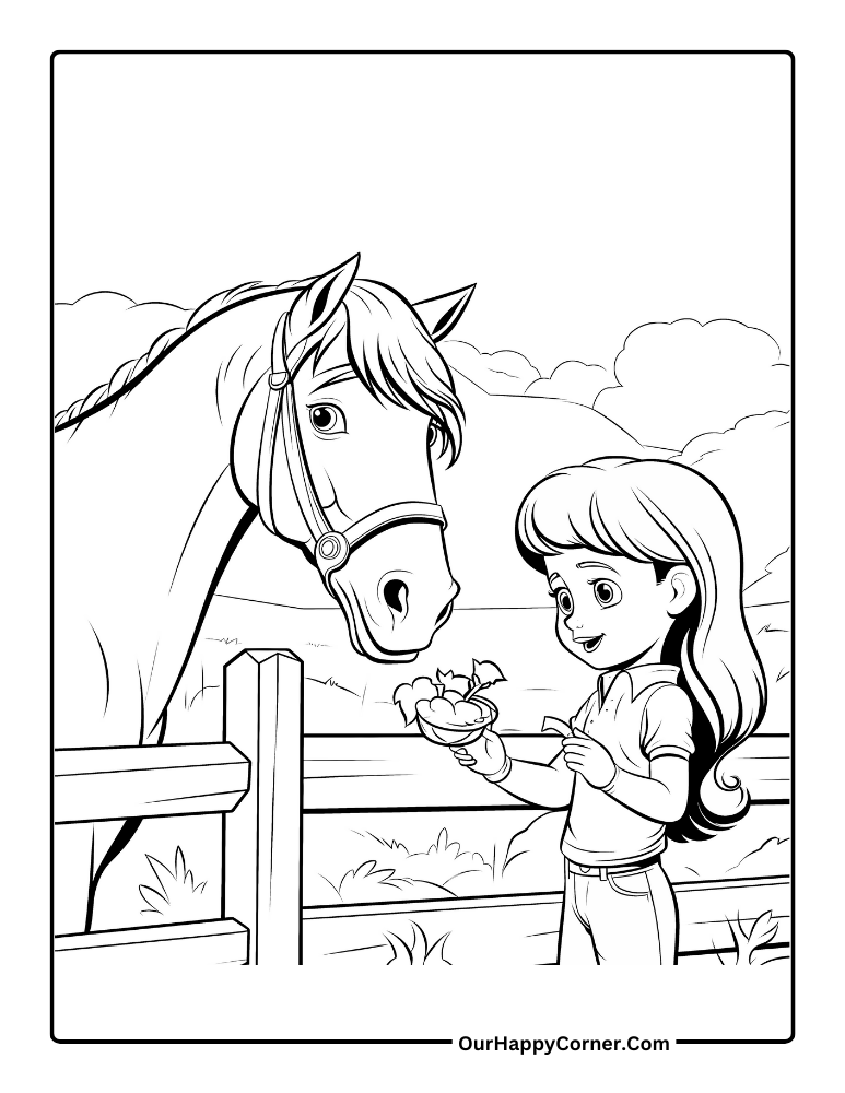 Girl Feeding A Stallion an Apple Over  a Fence