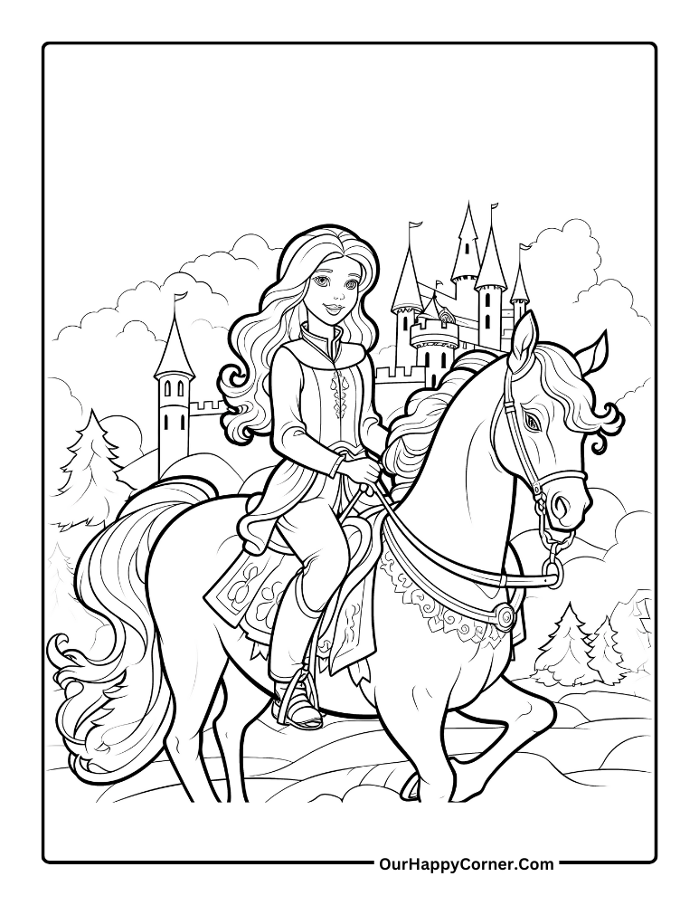 Coloring page of a girl riding a horse passing a castle