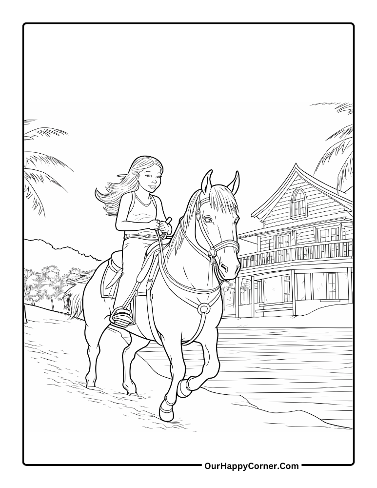 Coloring Page of a Girl Riding Horse In Bora Bora