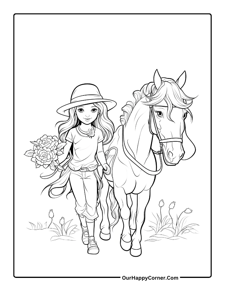 Girl Walking With Her Horse Holding Flowers