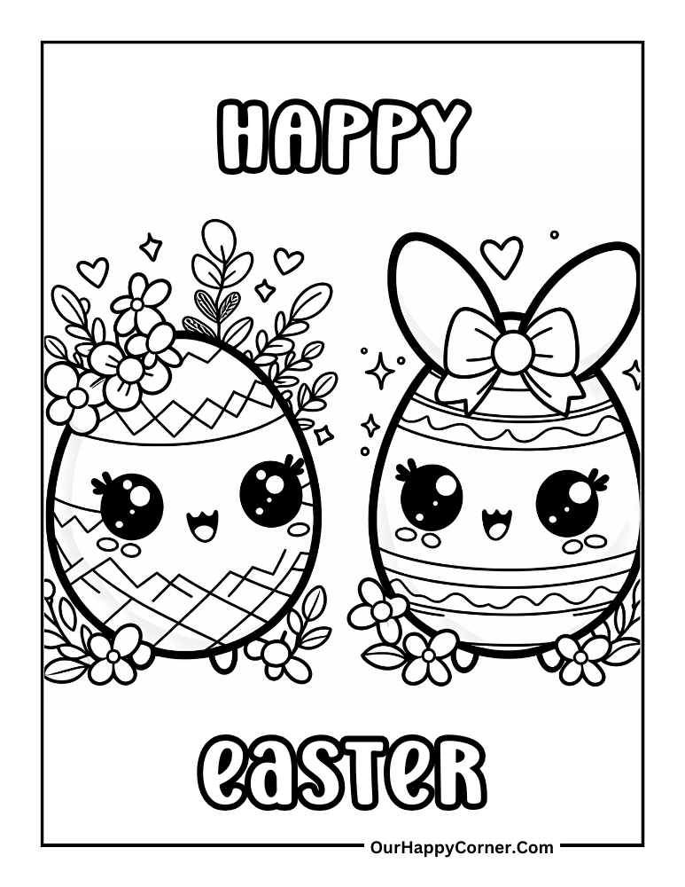 Happy Easter Eggs with Decorative Flowers Coloring Page