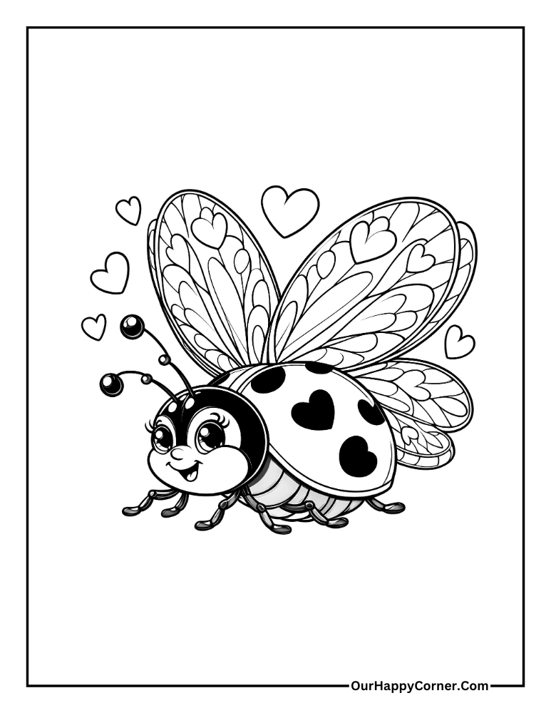 Valentine's Day Coloring Page Ladybug with hearts