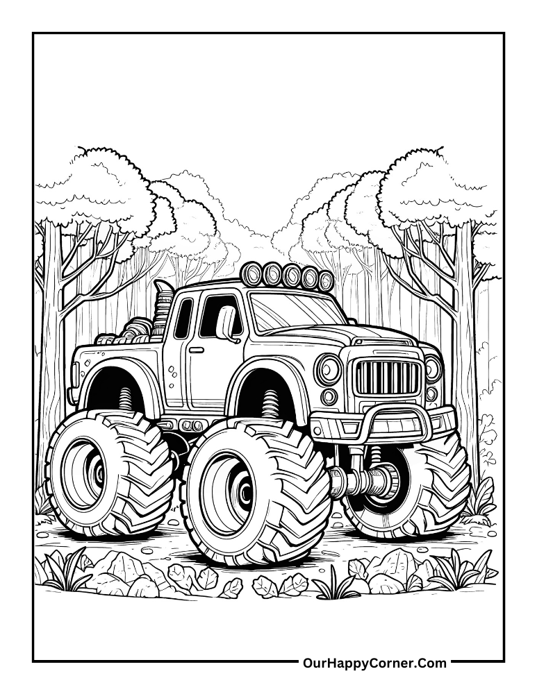 Monster truck driving through a forest
