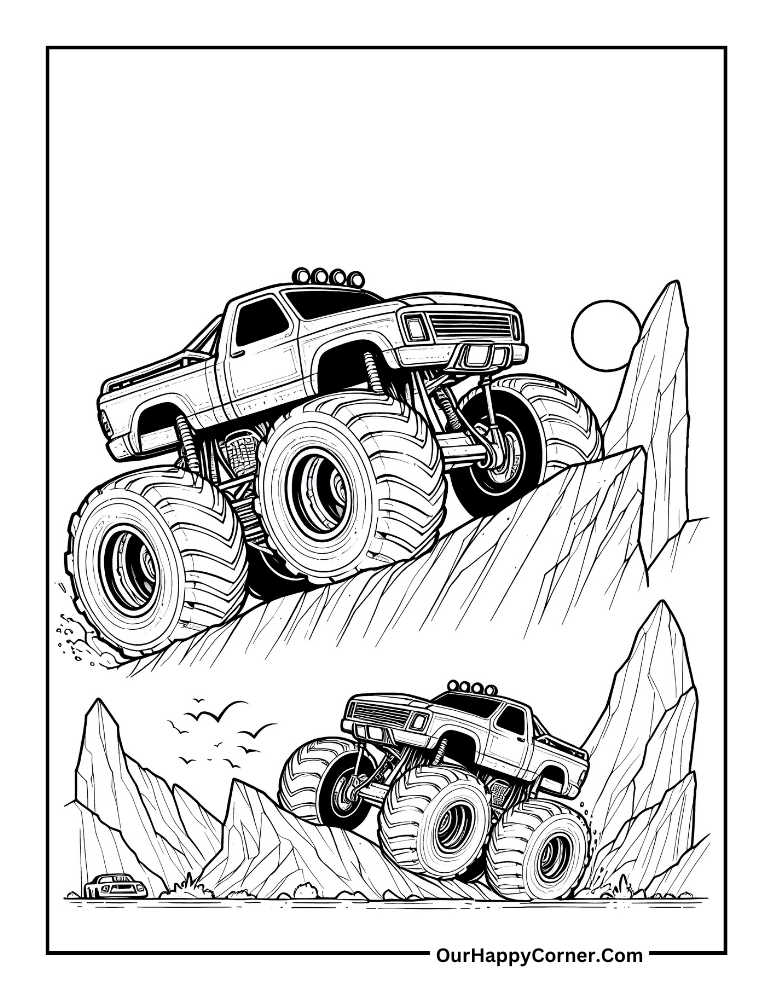 two monster truck up on a hill