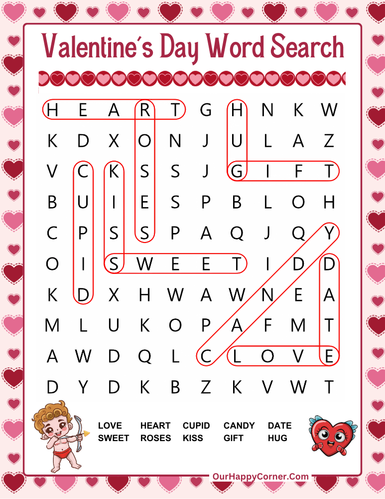 Valentine's Day Word Search Free Printable Solution