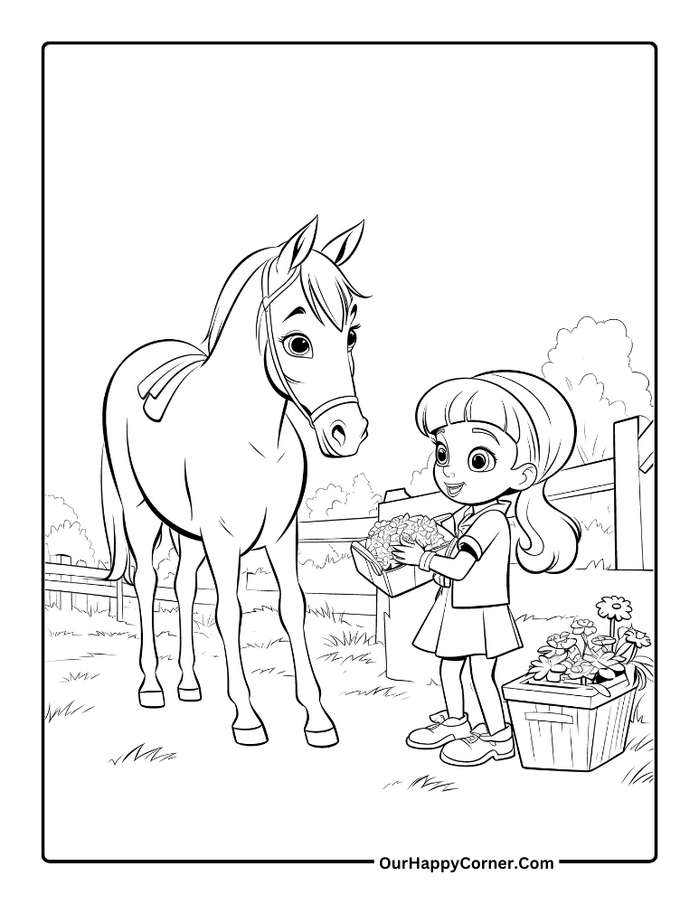 A girl giving a food to a chestnut foal