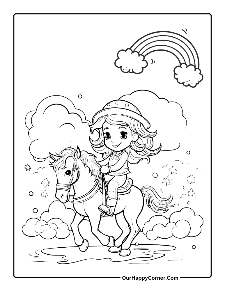 Coloring page of a girl riding her horse with rainbow on sky