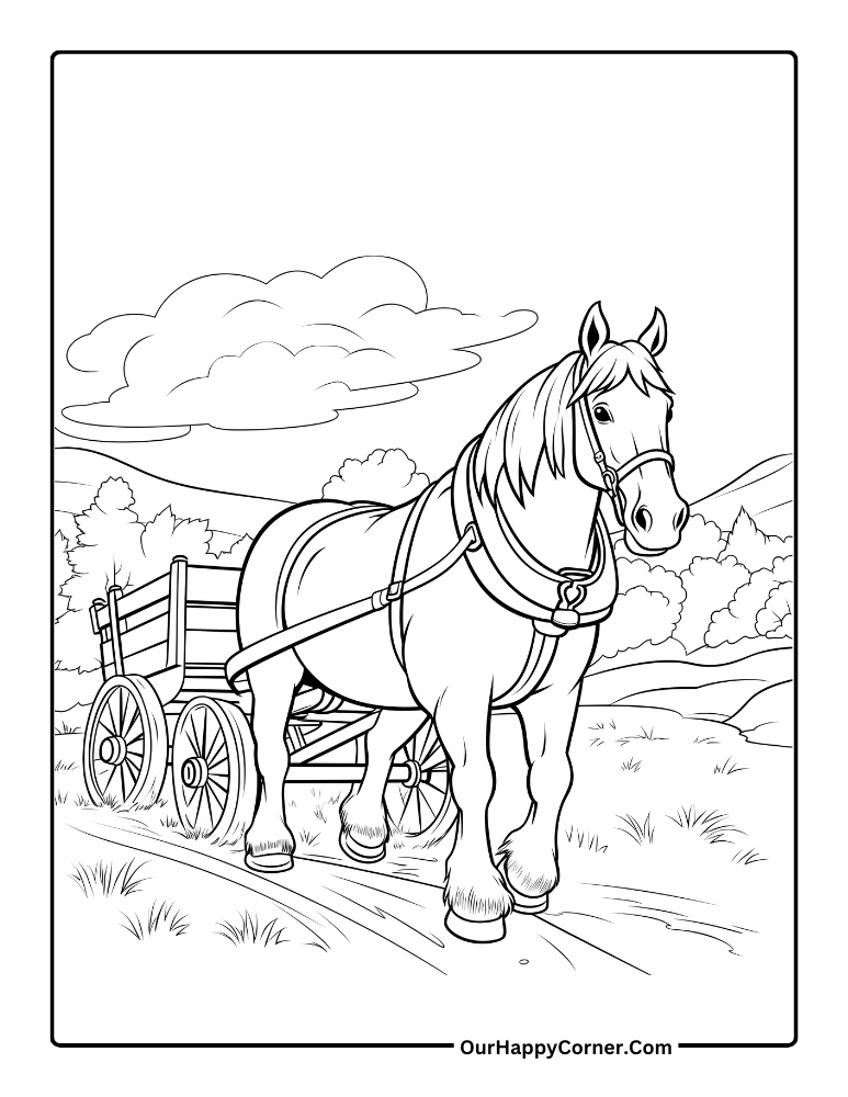 horse pulling a wagon coloring page