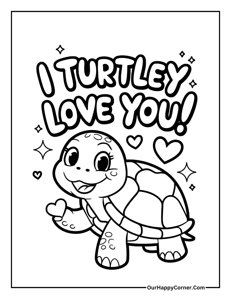 Smiling turtle with hearts Valentine's day coloring pages