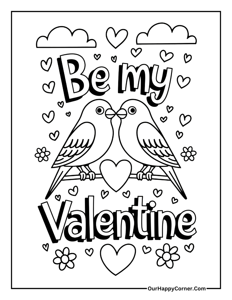 Two birds with hearts and text 'Be My Valentine