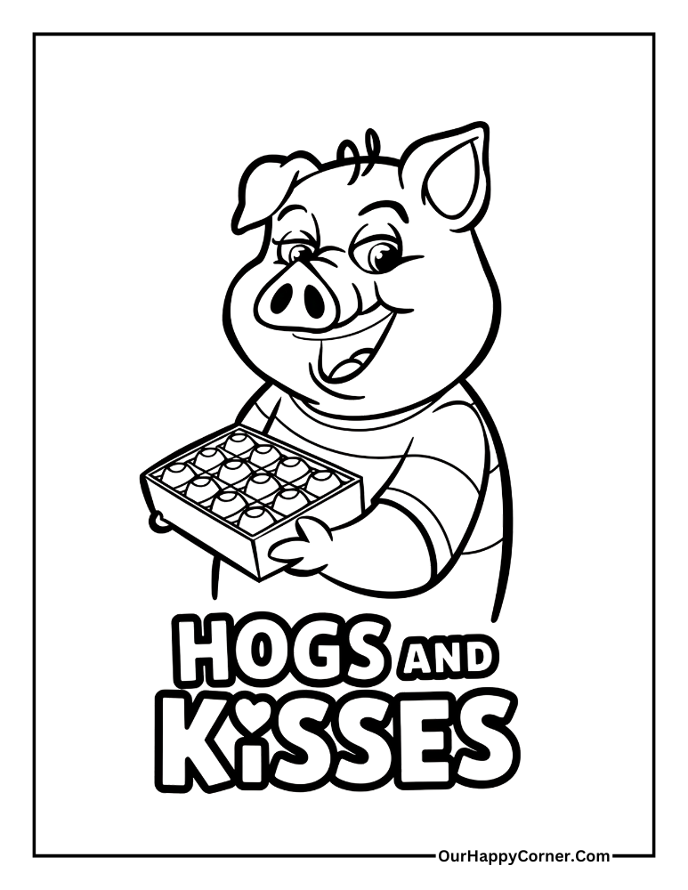 Smiling pig holding chocolates with text 'Hogs and Kisses.'