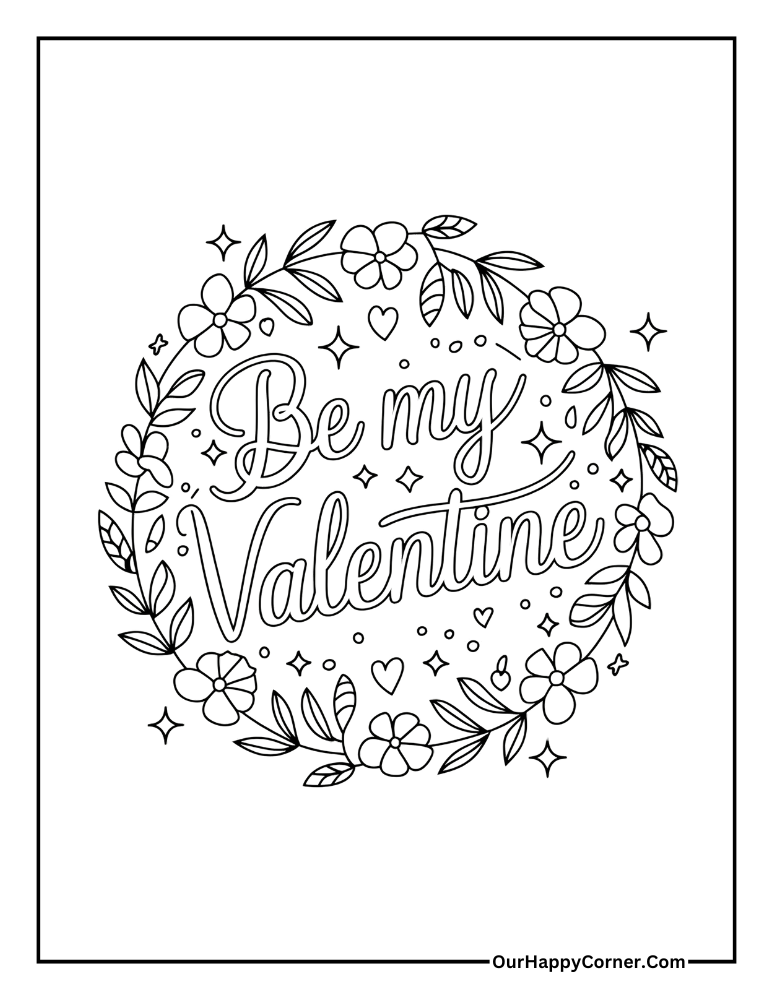 Floral wreath with text 'Be My Valentine.