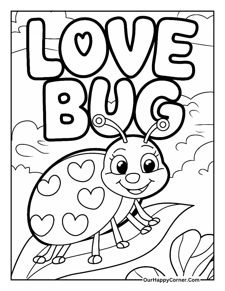 Ladybug with heart spots and text 'Love Bug' Valentine's day coloring pages