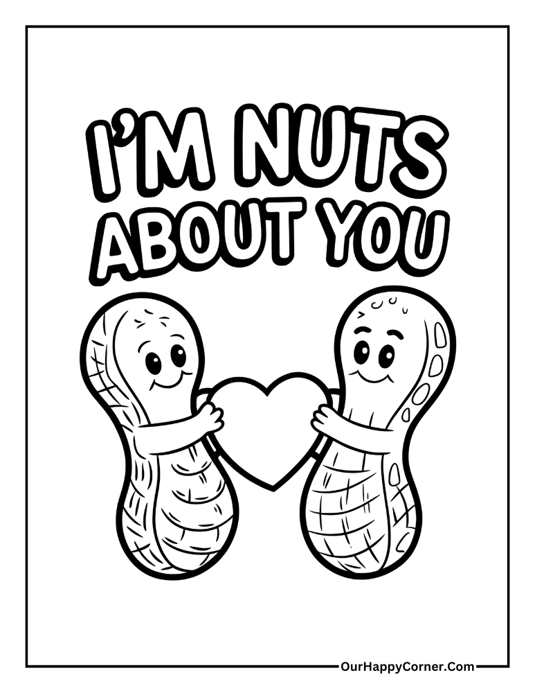 Two peanuts holding a heart with text 'I'm Nuts About You