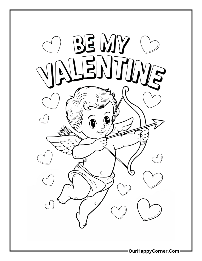 Cupid with hearts and text 'Be My Valentine