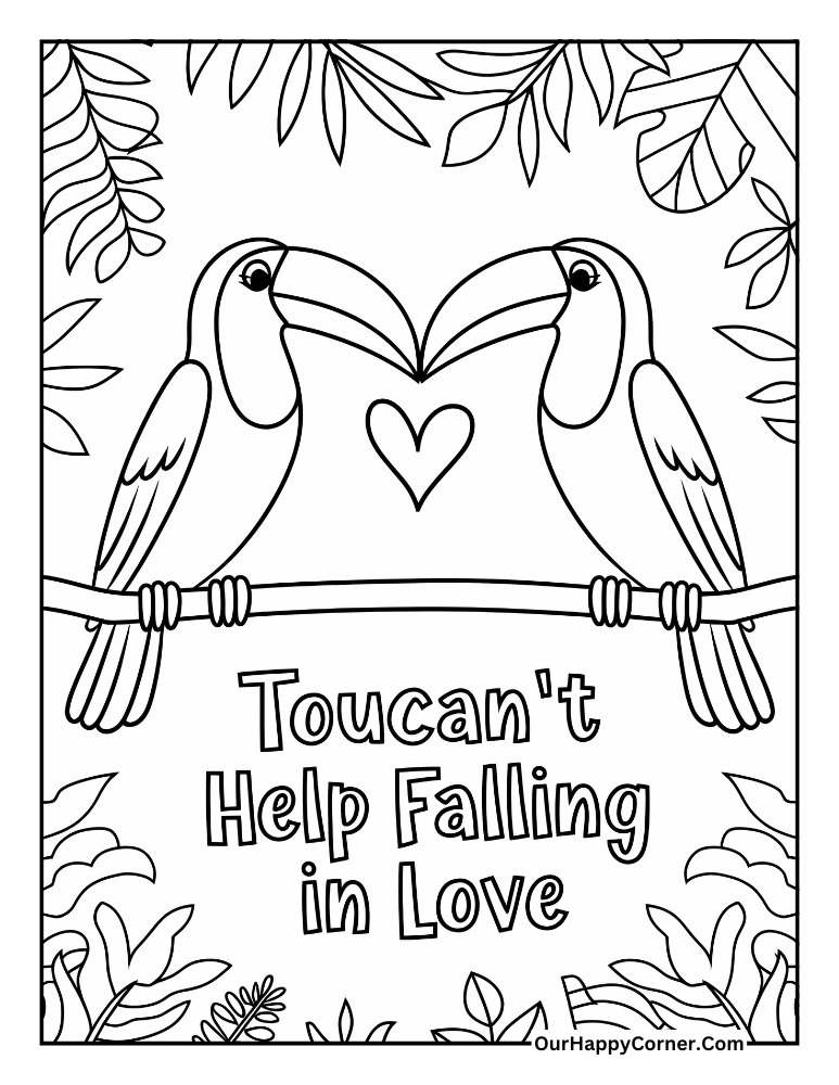 Two toucans with a heart and text 'Toucan't Help Falling in Love