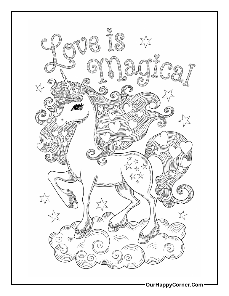 Unicorn with hearts, stars, and text 'Love is Magical.