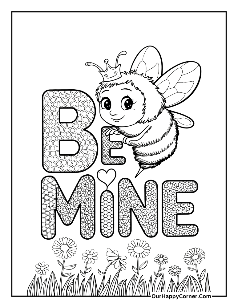 Bee with a crown and text 'Be Mine' Valentine's day coloring pages