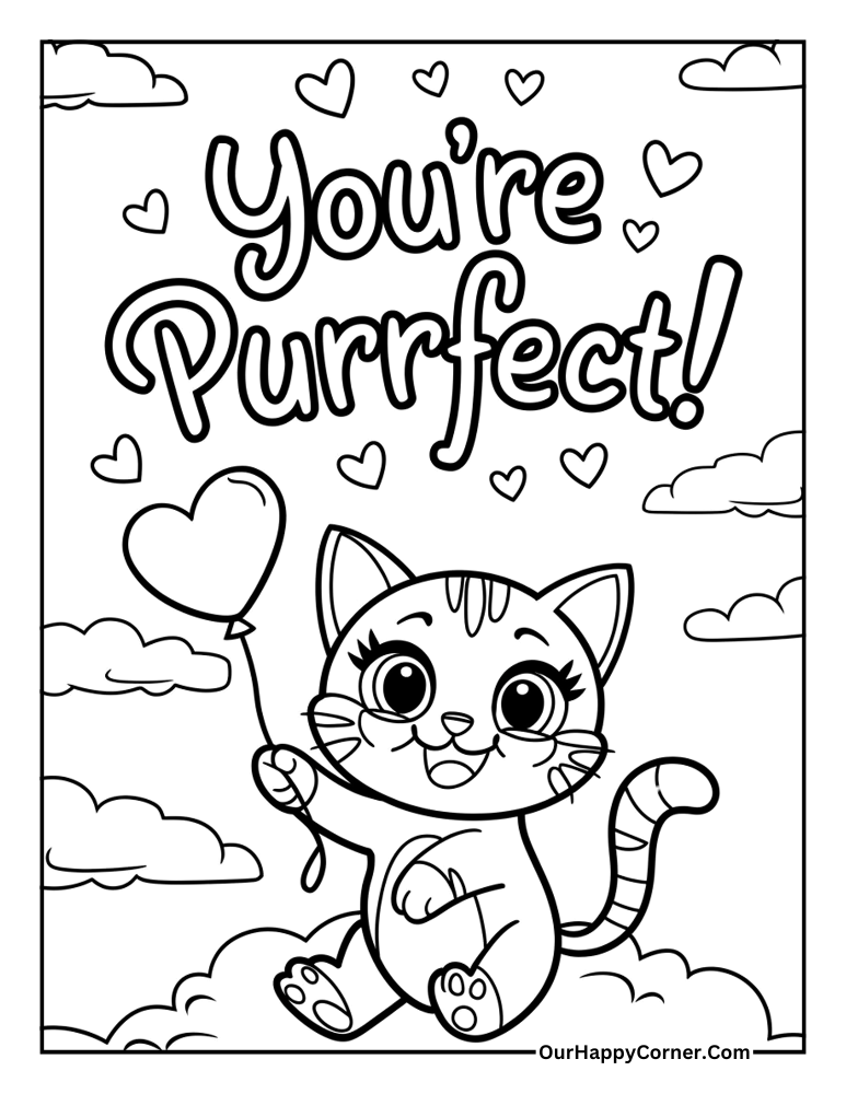 Smiling cat with a heart balloon and text 'You're Purrfect Valentine's day coloring pages