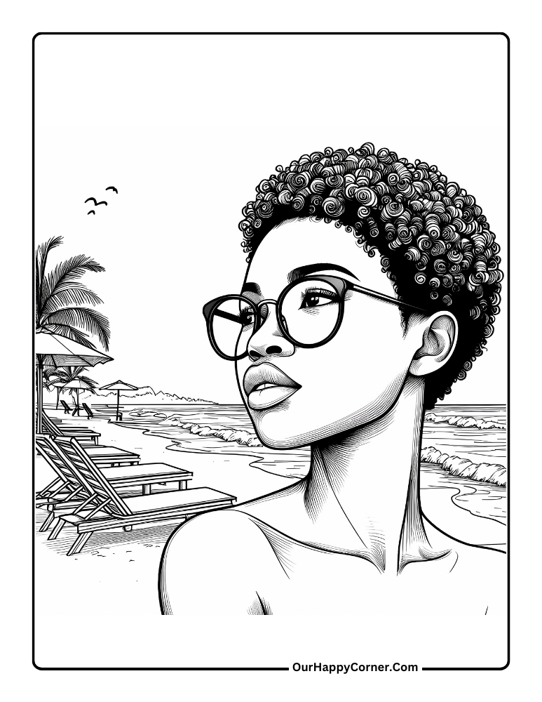 African Woman Wearing Glasses Standing By The Beach Coloring Page