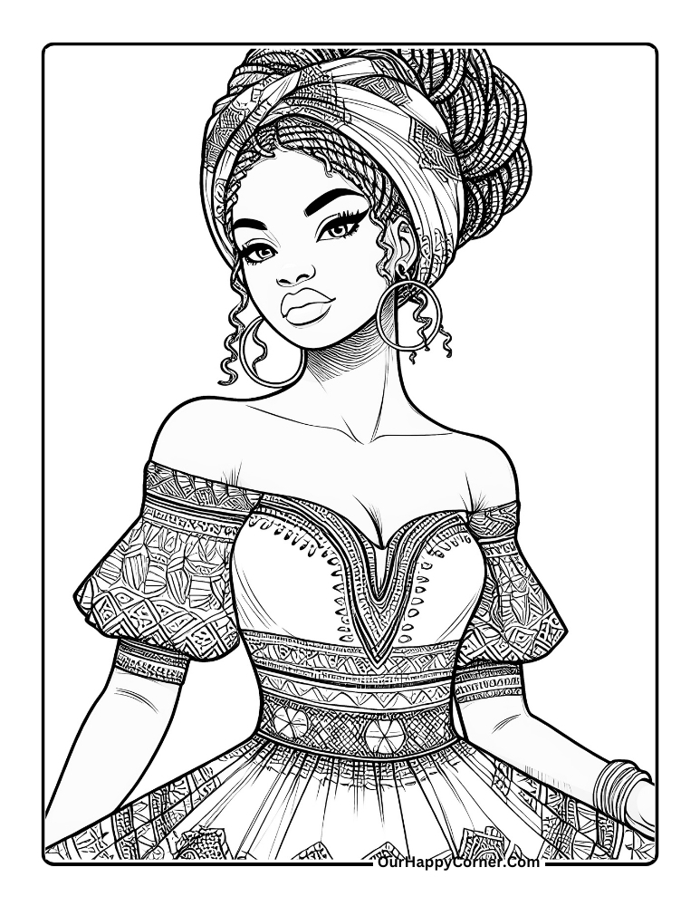 Black Girl in Traditional Dress Coloring Page