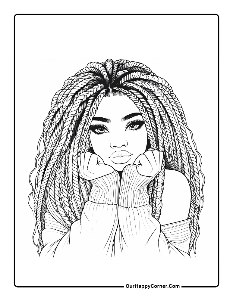 Black Girl Coloring Page of Girl with Braids