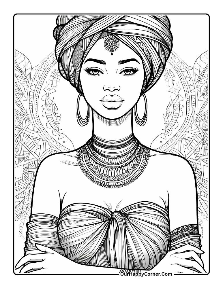 African Women Coloring Page Wearing Traditional Clothes