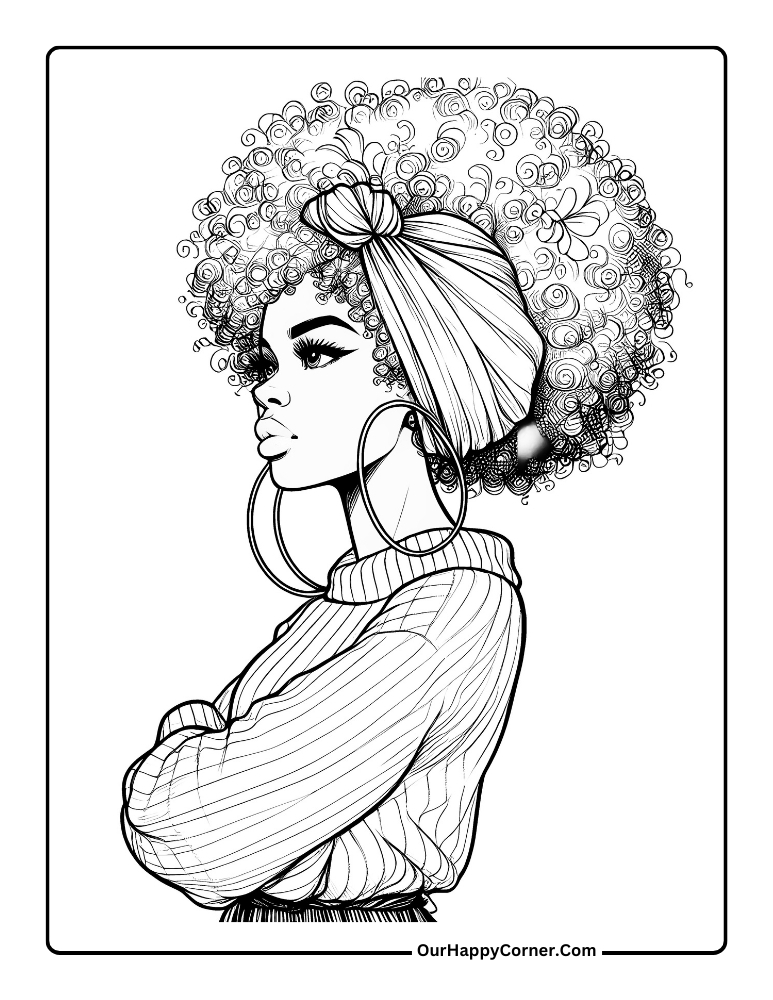 Cute Black Girl with Head Wrap Around Her Afro Hair Coloring Page