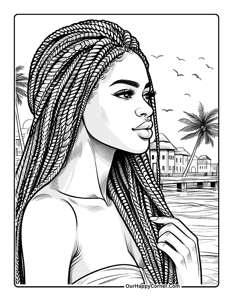 Black Girl with Braids Standing By The Beach Coloring Pages