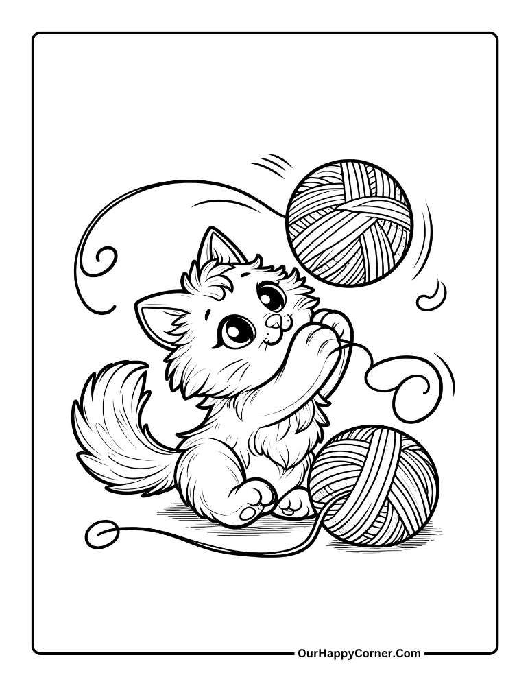 Free Printable Cat Coloring Pages of an adorable fluffy kitten playing with a ball of yarn