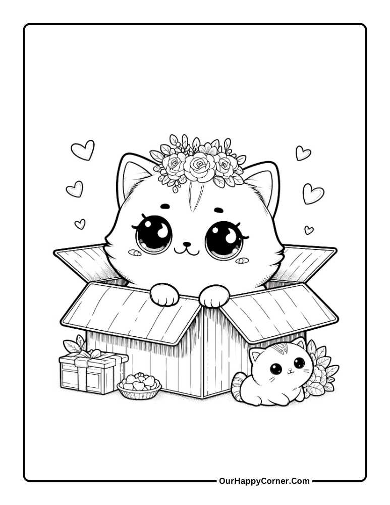 Free Printable Cat Coloring Pages of A curious cat peeking out of a gift box
