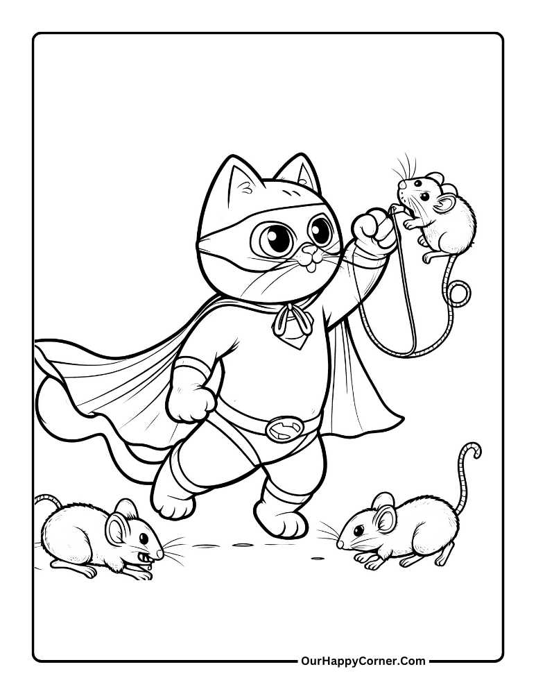 A cat in a superhero cape catching mice