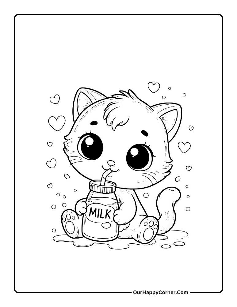 Printable Cat Coloring Pages of a Cat Drinking Milk
