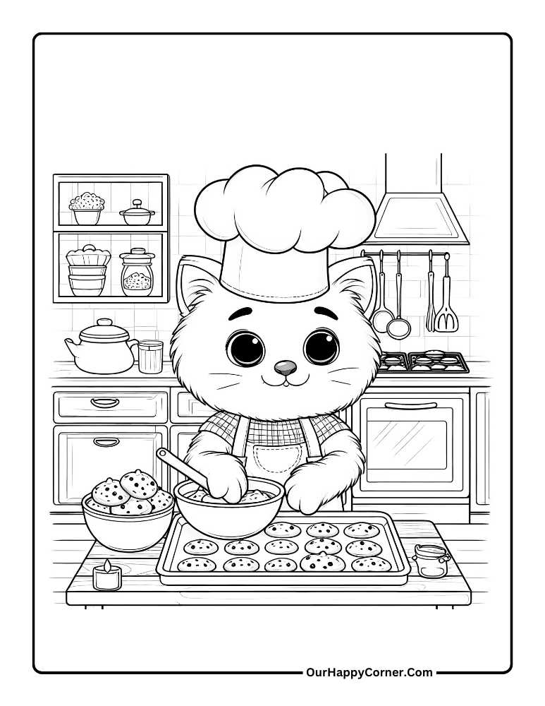 A cat with a chef's hat baking cookies in the kitchen