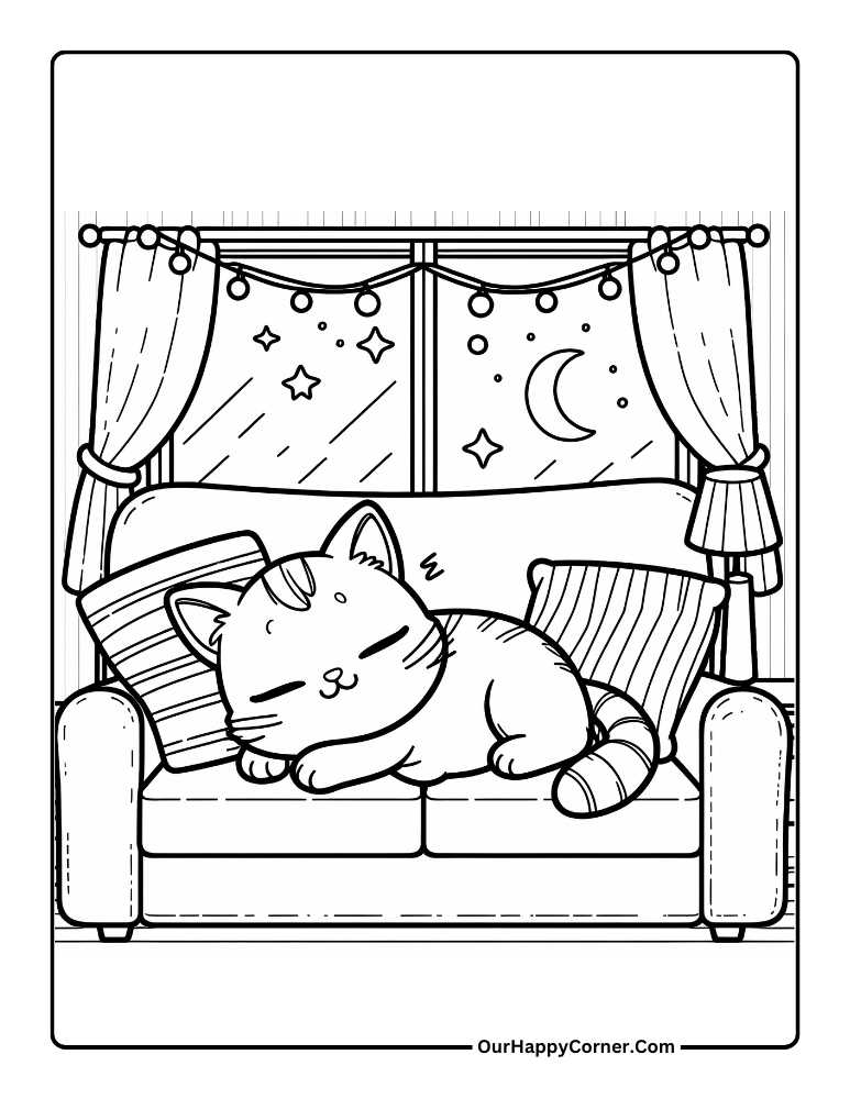 Free Printable Cat Coloring Pages of Cat taking a nap on a couch