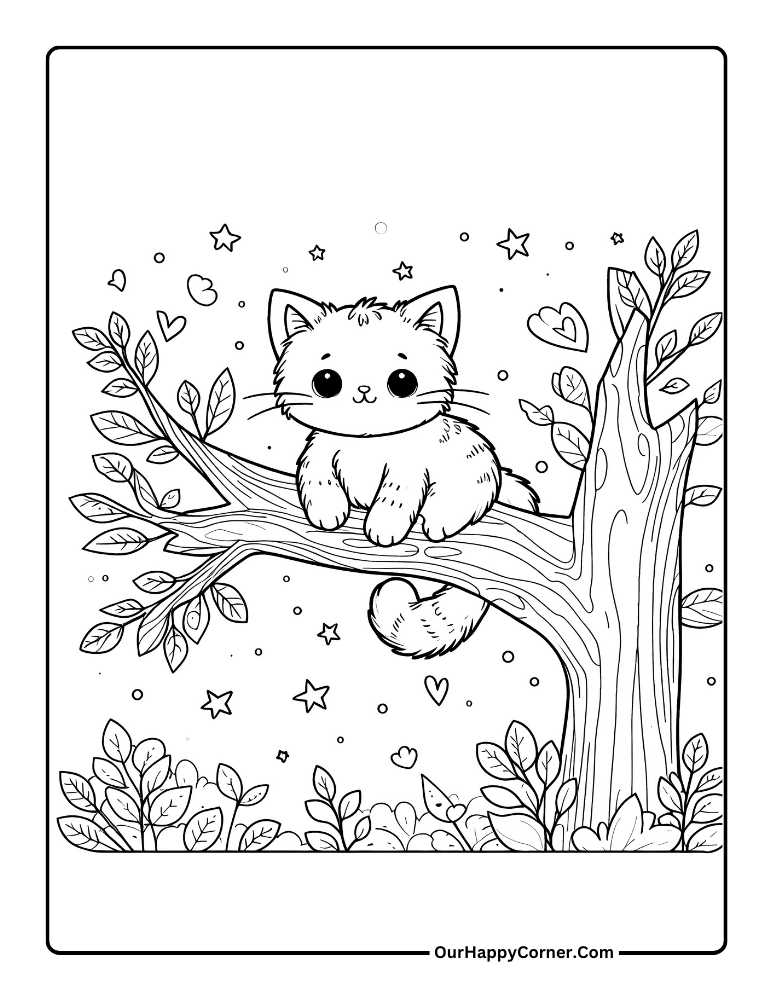 Cat Coloring page of Cat sitting on a tree