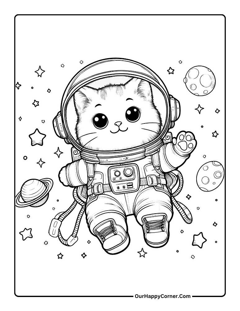 A cat floating in space wearing an astronaut helmet