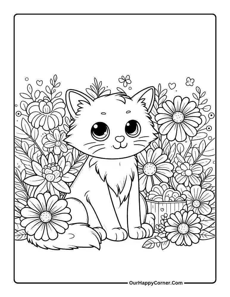 Cat posing surrounded by flowers