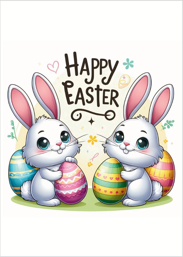 Easter Cards Free Printable of Two Bunnies Holding Eggs