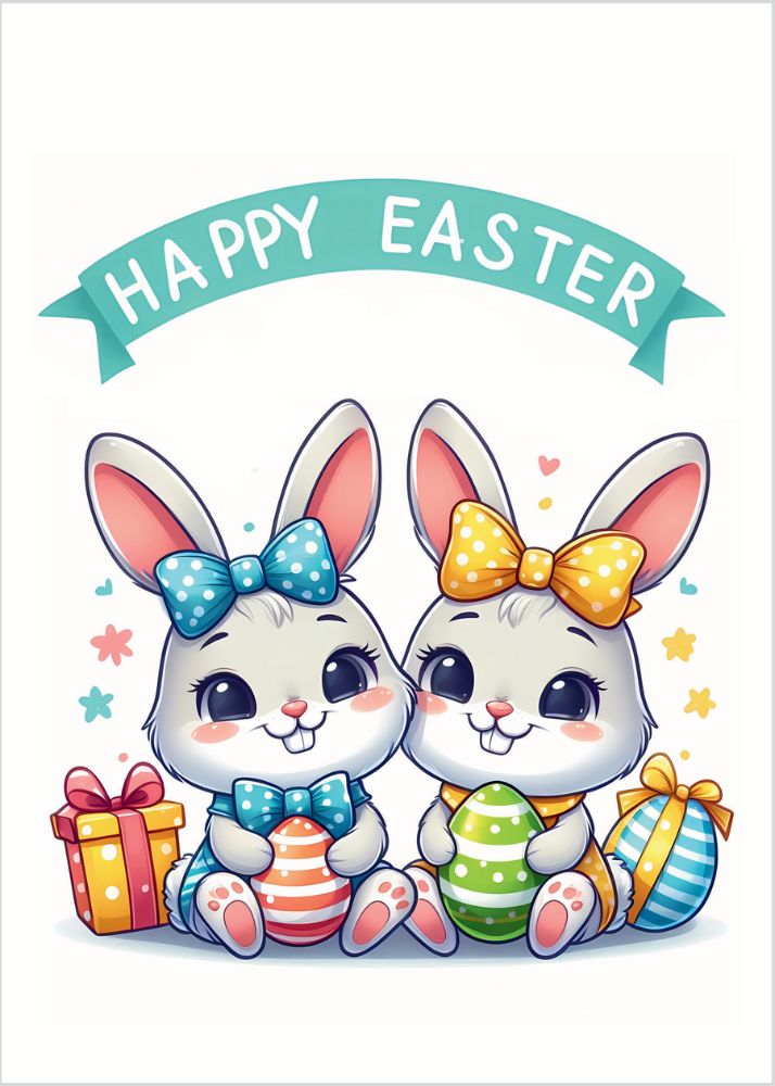 Happy Easter Card of Two Cute Bunnies with Blue and Yellow Bonnets