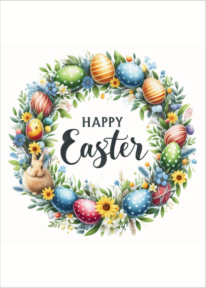 Happy Easter Card of Wreath made of Eggs and Flowers