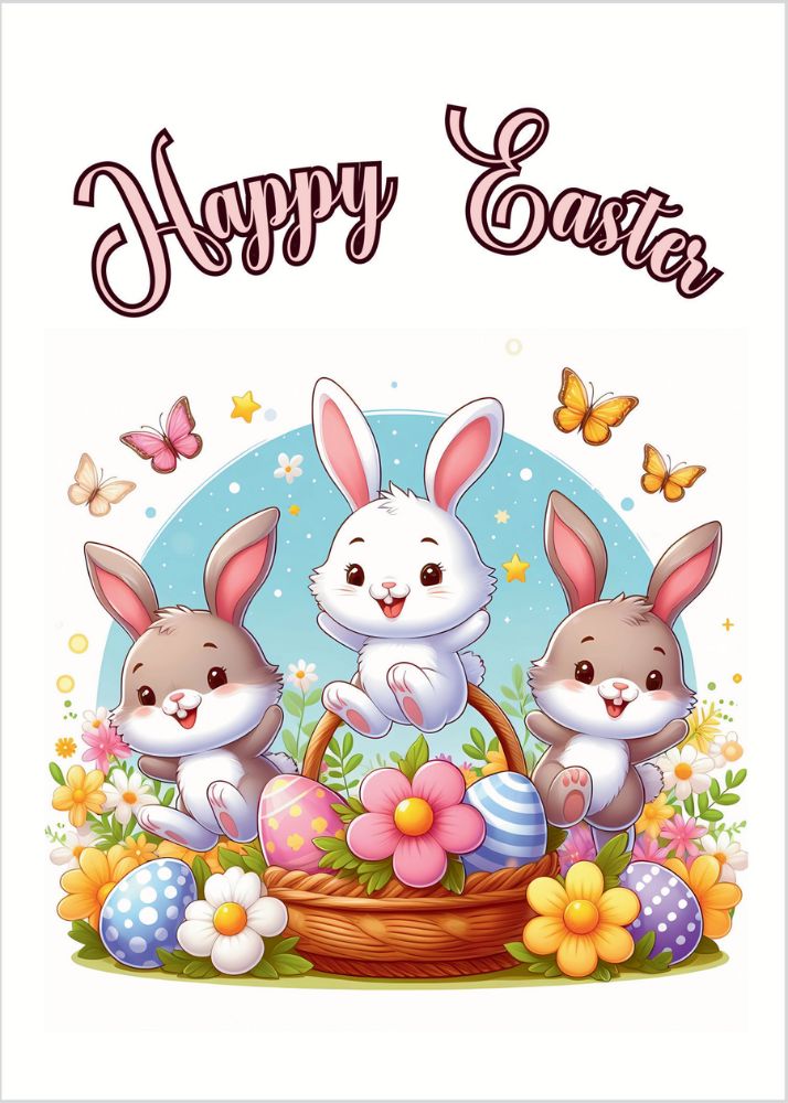 Happy Easter Bunnies Hopping in Flower Garden