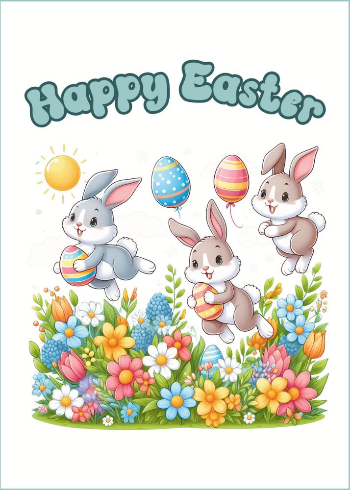 Easter Bunnies Hopping in Flower Garden