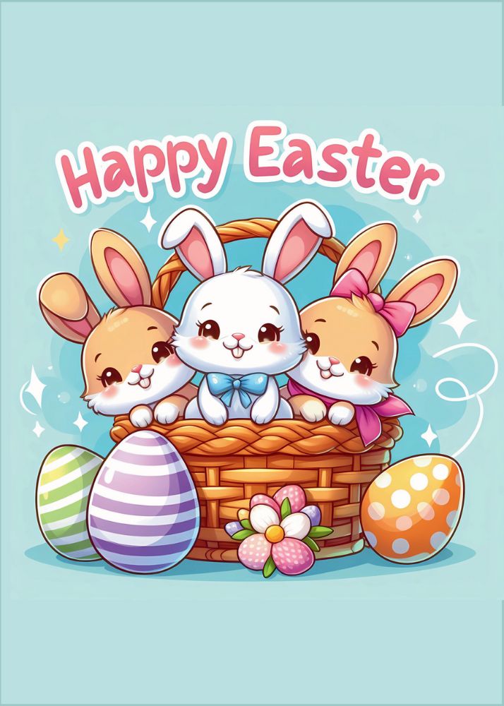 Cute Easter Bunnies in Basket and Eggs Around